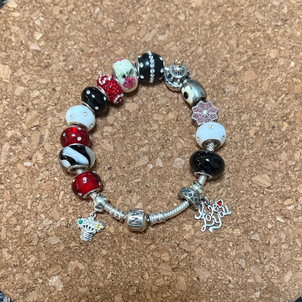 Elegant Pandora Silver, Black and Red Charm Bracelet